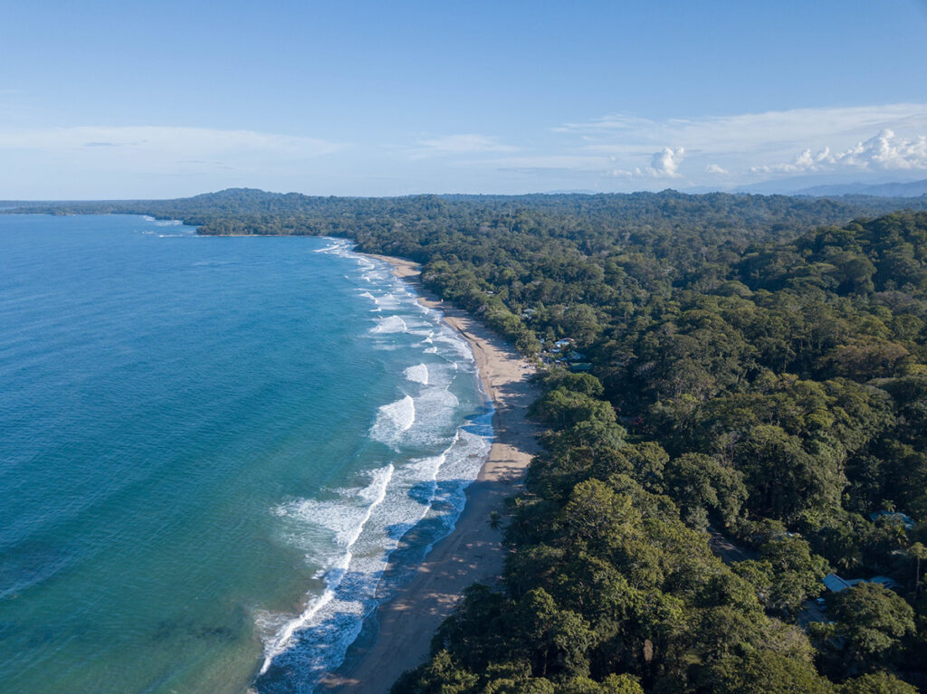 an aerial view of playas cocles, a beach in costa rica 